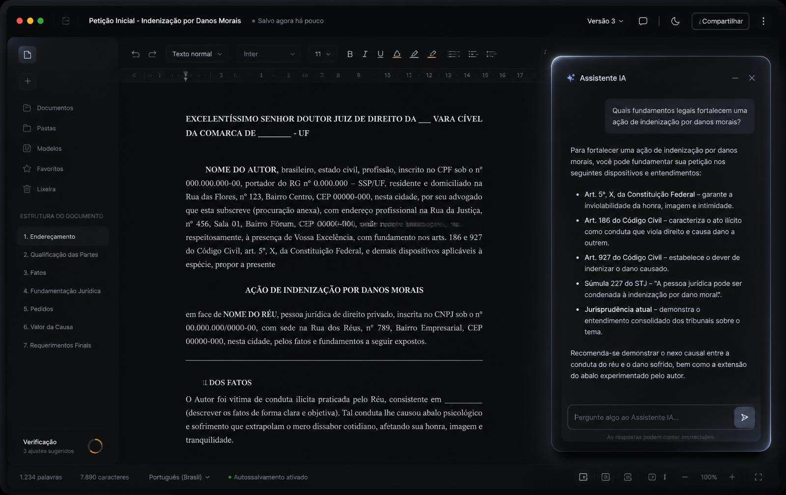 Screen AI acompanhando uma petição aberta no editor de texto e respondendo no painel lateral