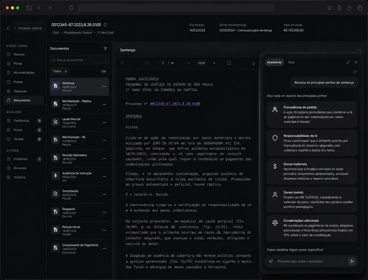 Autos de um processo abertos com a Screen AI resumindo os principais pontos